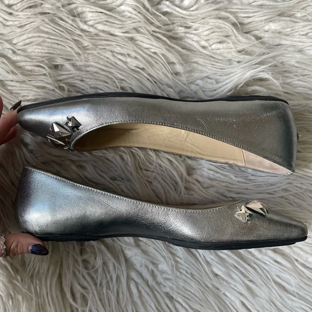 Jimmy Choo Watson Silver Metallic Calf Leather Studded Accents Ballet Flats 37